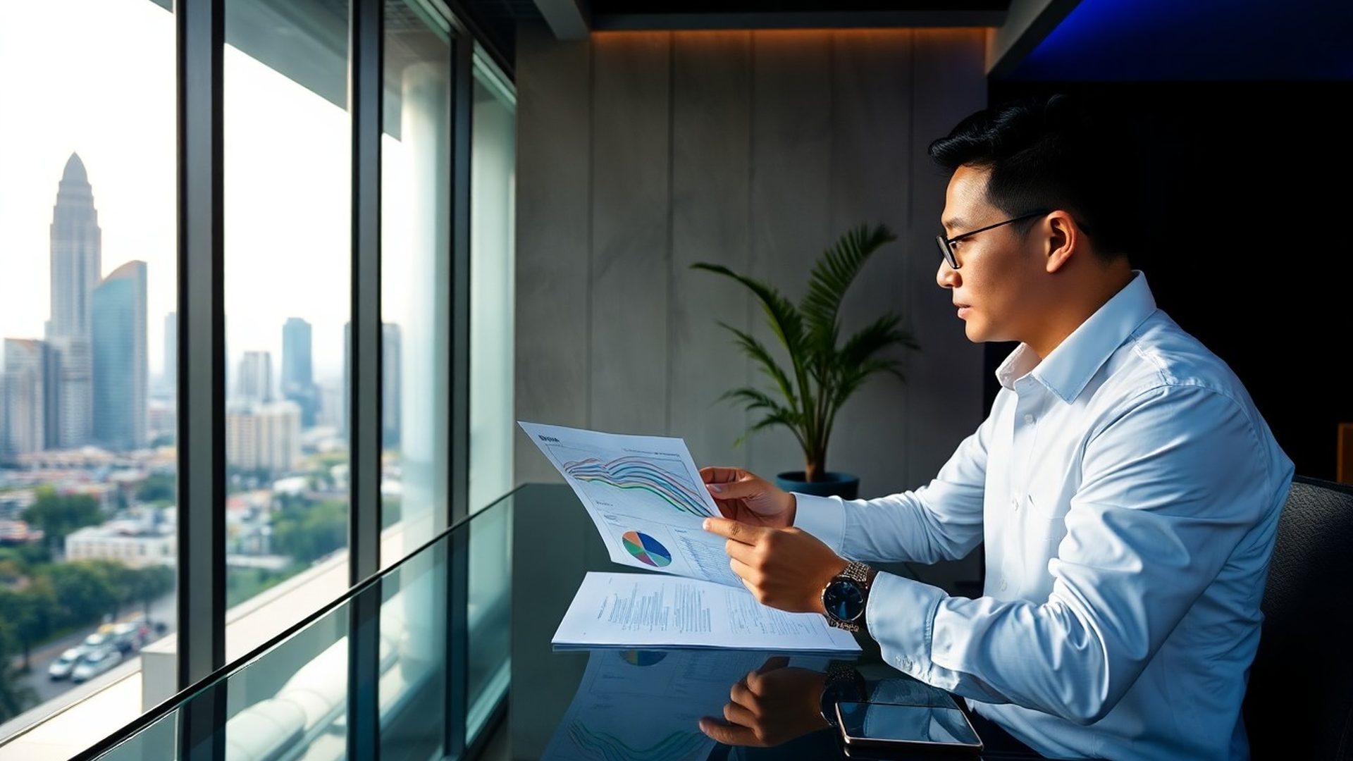 Malaysian executive reviewing strategy documents at a glass desk with the Kuala Lumpur skyline behind