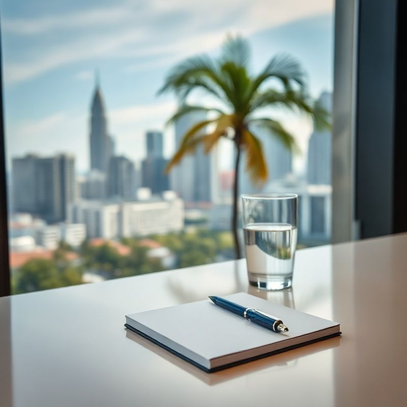 Cloudxalpha-branded notebook and indigo pen on a clean desk with a blurred Kuala Lumpur skyline