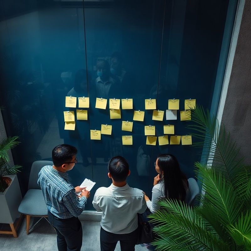 Overhead view of a consulting workshop with structured sticky notes on a dark indigo glass wall