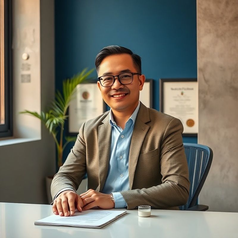 Portrait of a senior Malaysian consultant at a minimalist indigo-accented desk in Kuala Lumpur