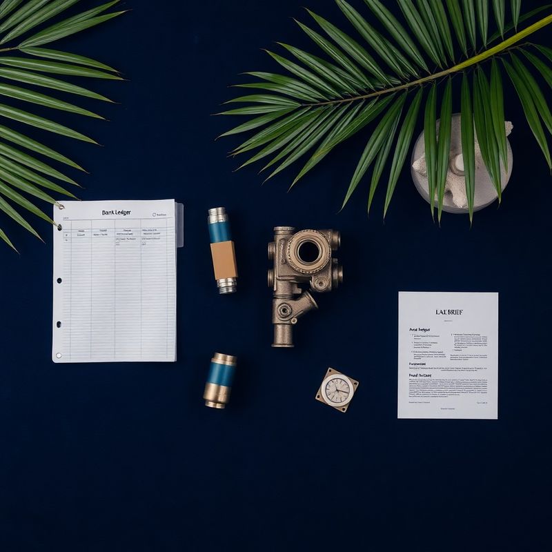 Flat-lay of four industry objects — a bank ledger, a machined component, a logistics manifest, and a legal brief — on deep indigo velvet